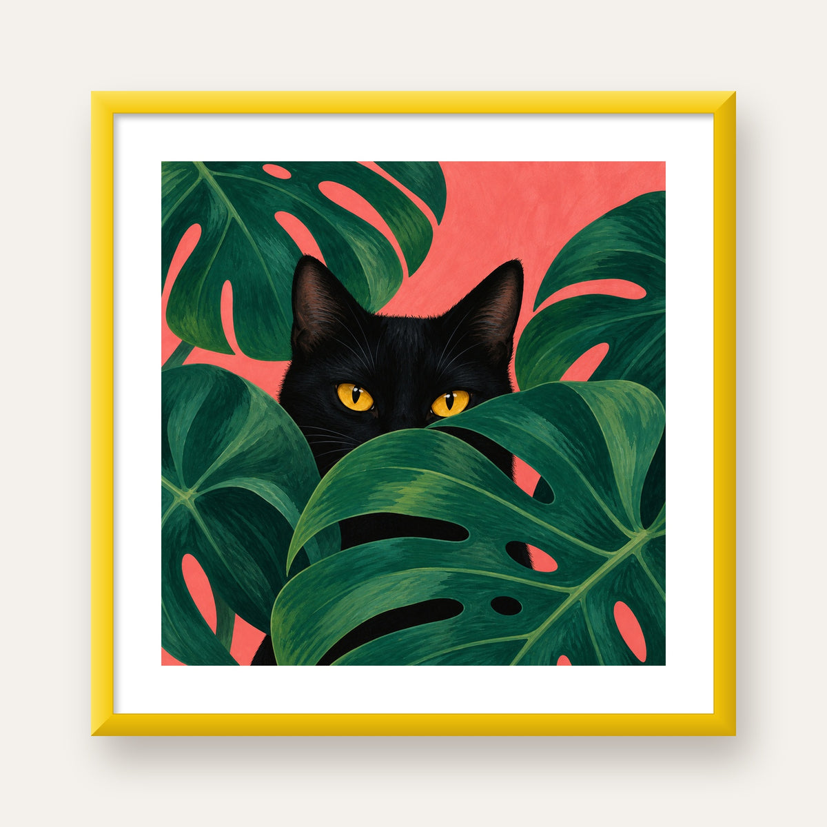 Monstera ve Siyah Kedi Dijital Poster – Modern Duvar Dekoru — sarı çerçeveli paspartulu