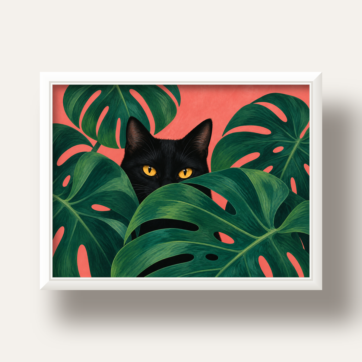 Monstera ve Siyah Kedi Dijital Poster – Modern Duvar Dekoru — beyaz derin çerçeveli