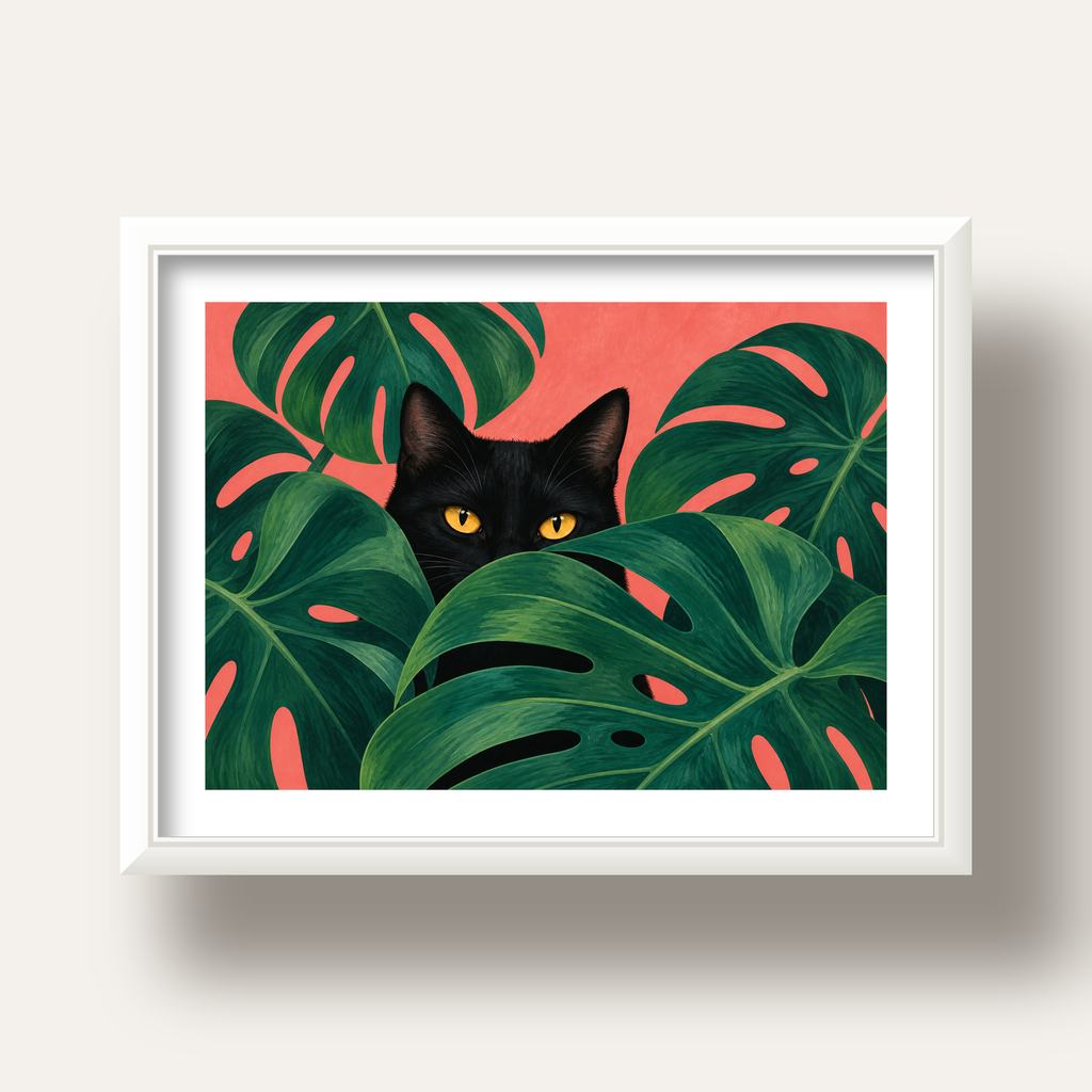 Monstera ve Siyah Kedi Dijital Poster – Modern Duvar Dekoru — beyaz derin çerçeveli paspartulu