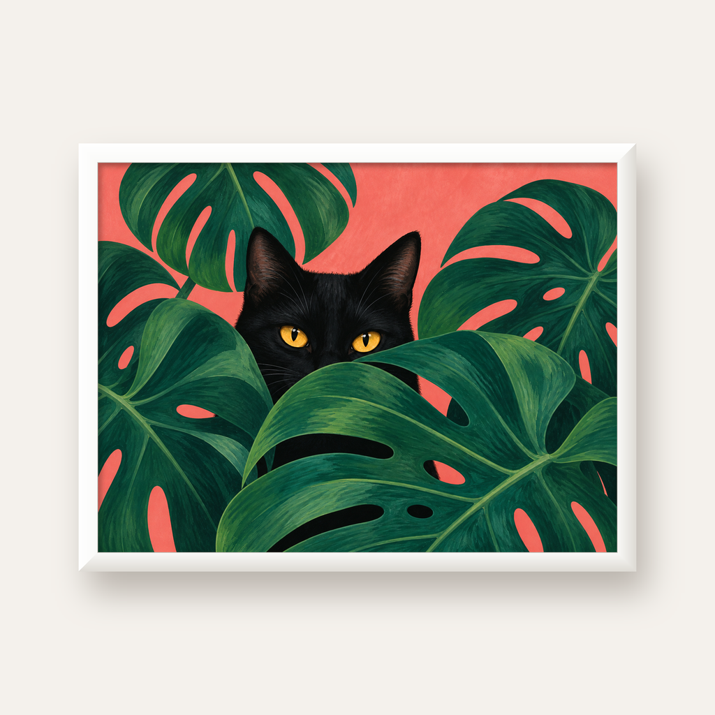 Monstera ve Siyah Kedi Dijital Poster – Modern Duvar Dekoru — beyaz çerçeveli yatay poster