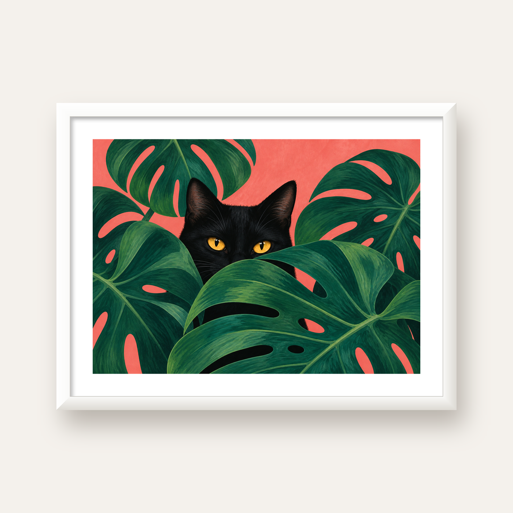 Monstera ve Siyah Kedi Dijital Poster – Modern Duvar Dekoru — beyaz çerçeveli yatay poster
