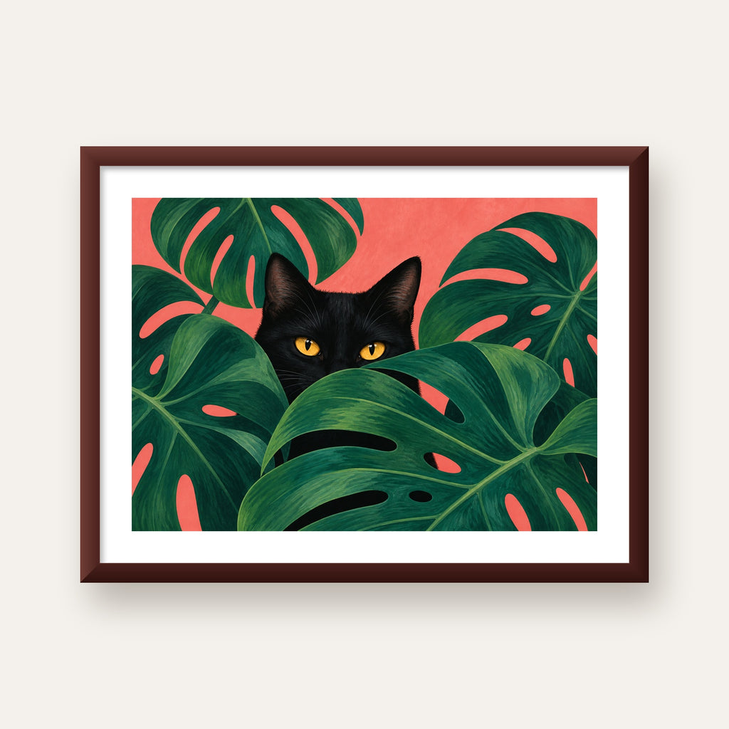 Monstera ve Siyah Kedi Dijital Poster – Modern Duvar Dekoru — ceviz çerçeveli paspartulu