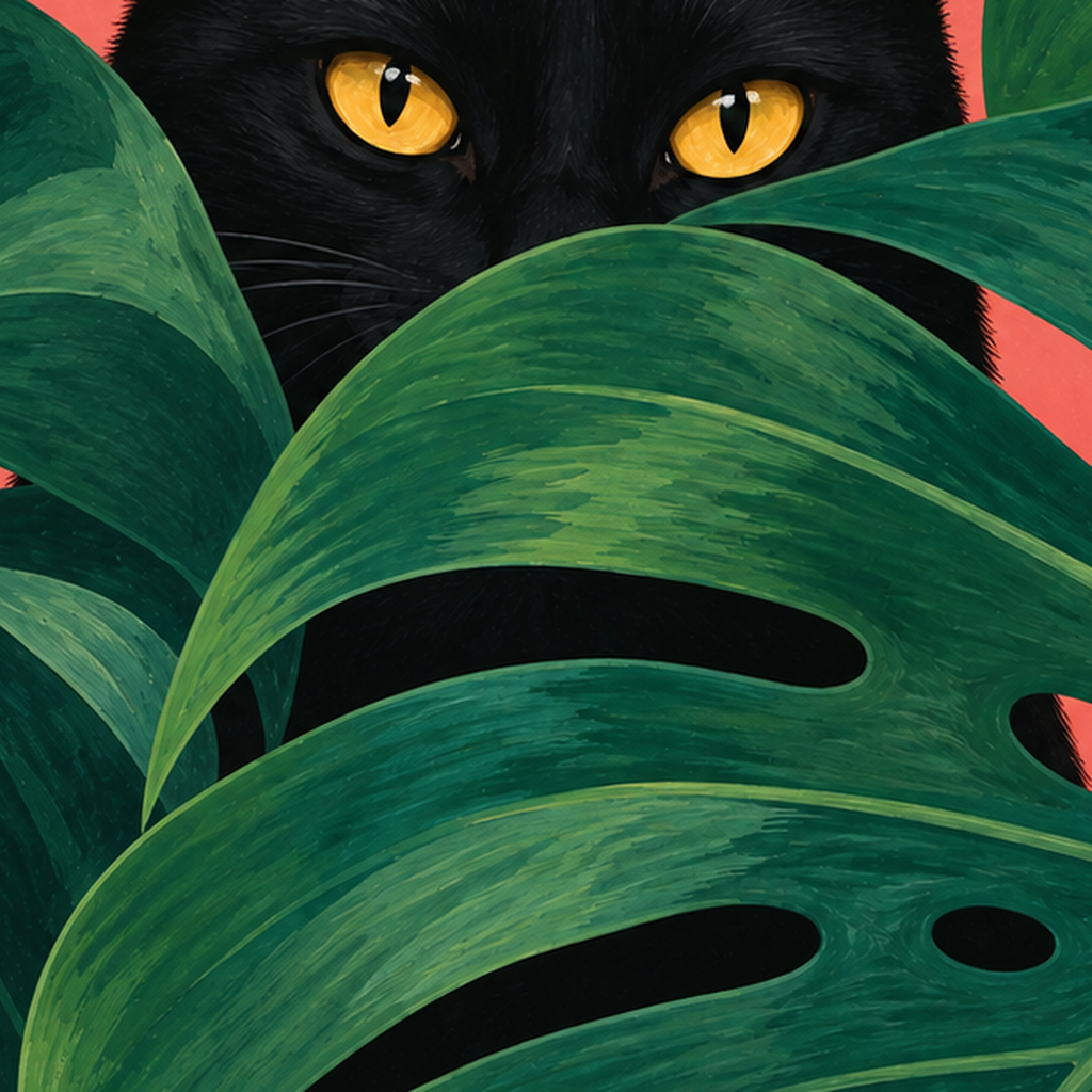 Monstera ve Siyah Kedi Dijital Poster – Modern Duvar Dekoru — baskının yakın çekimi, kâğıt dokusu ve renk detayı