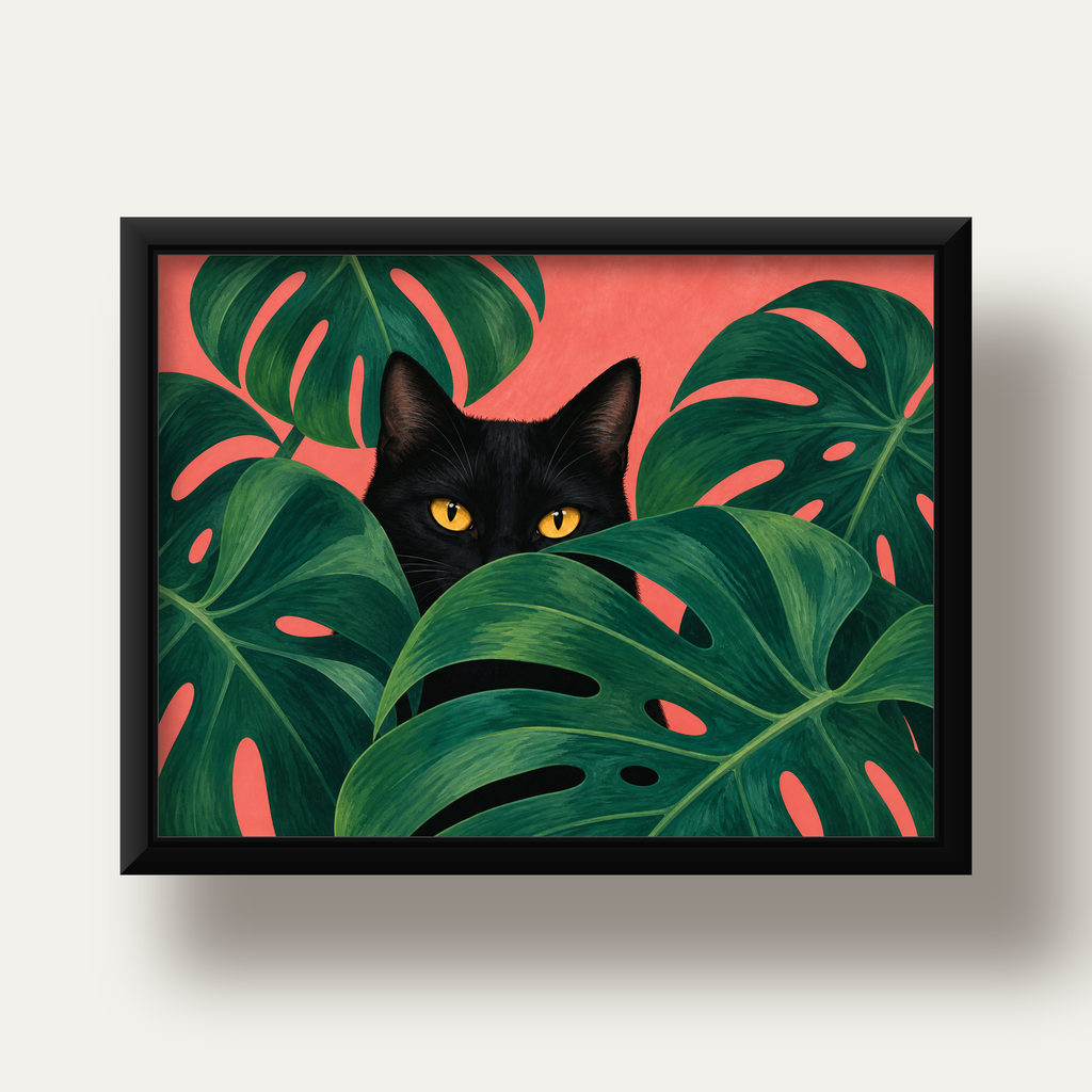Monstera ve Siyah Kedi Dijital Poster – Modern Duvar Dekoru — siyah derin çerçeveli