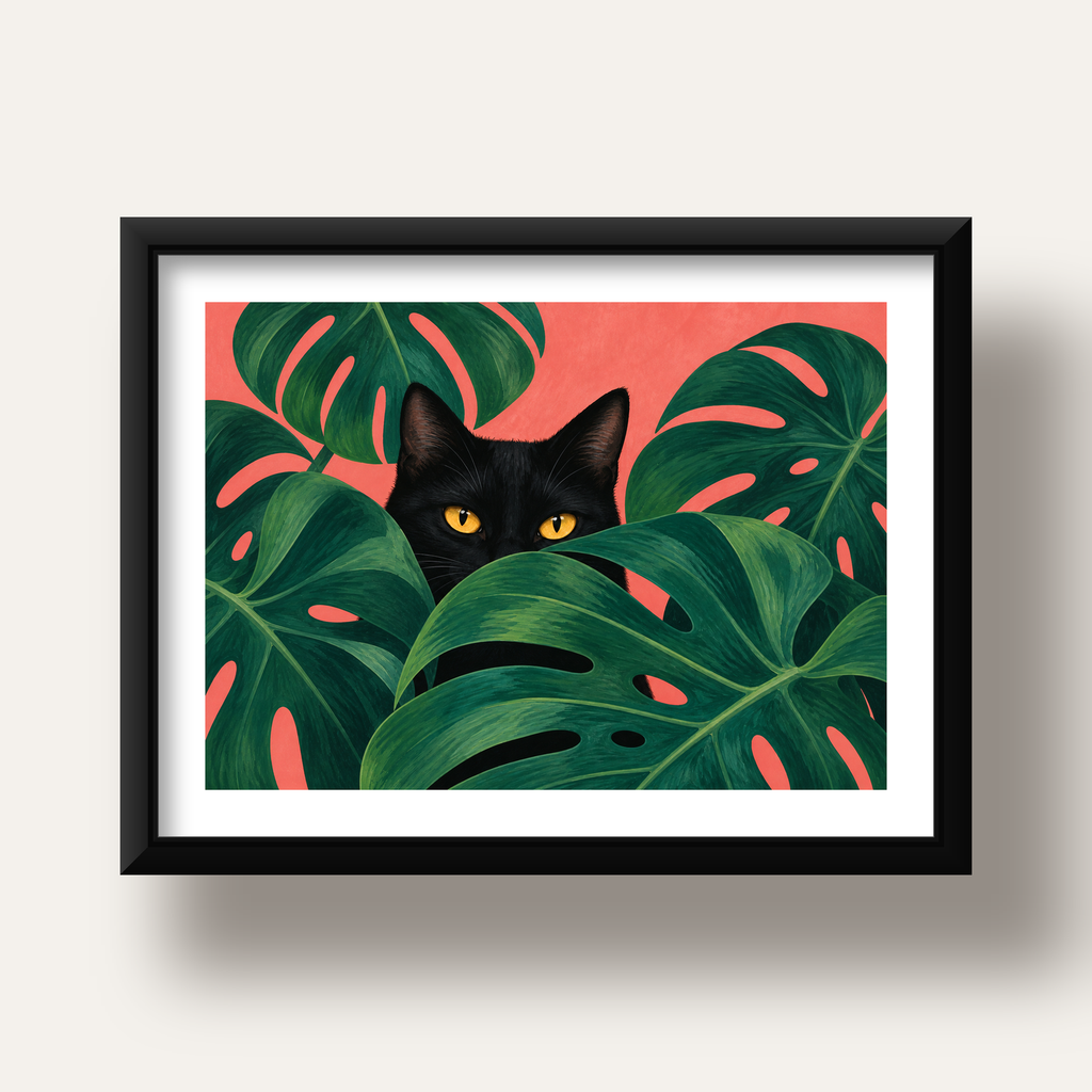 Monstera ve Siyah Kedi Dijital Poster – Modern Duvar Dekoru — siyah derin çerçeveli paspartulu