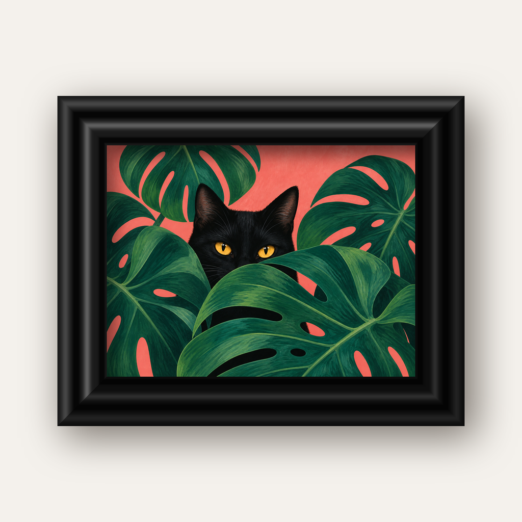 Monstera ve Siyah Kedi Dijital Poster – Modern Duvar Dekoru — siyah galeri çerçeveli