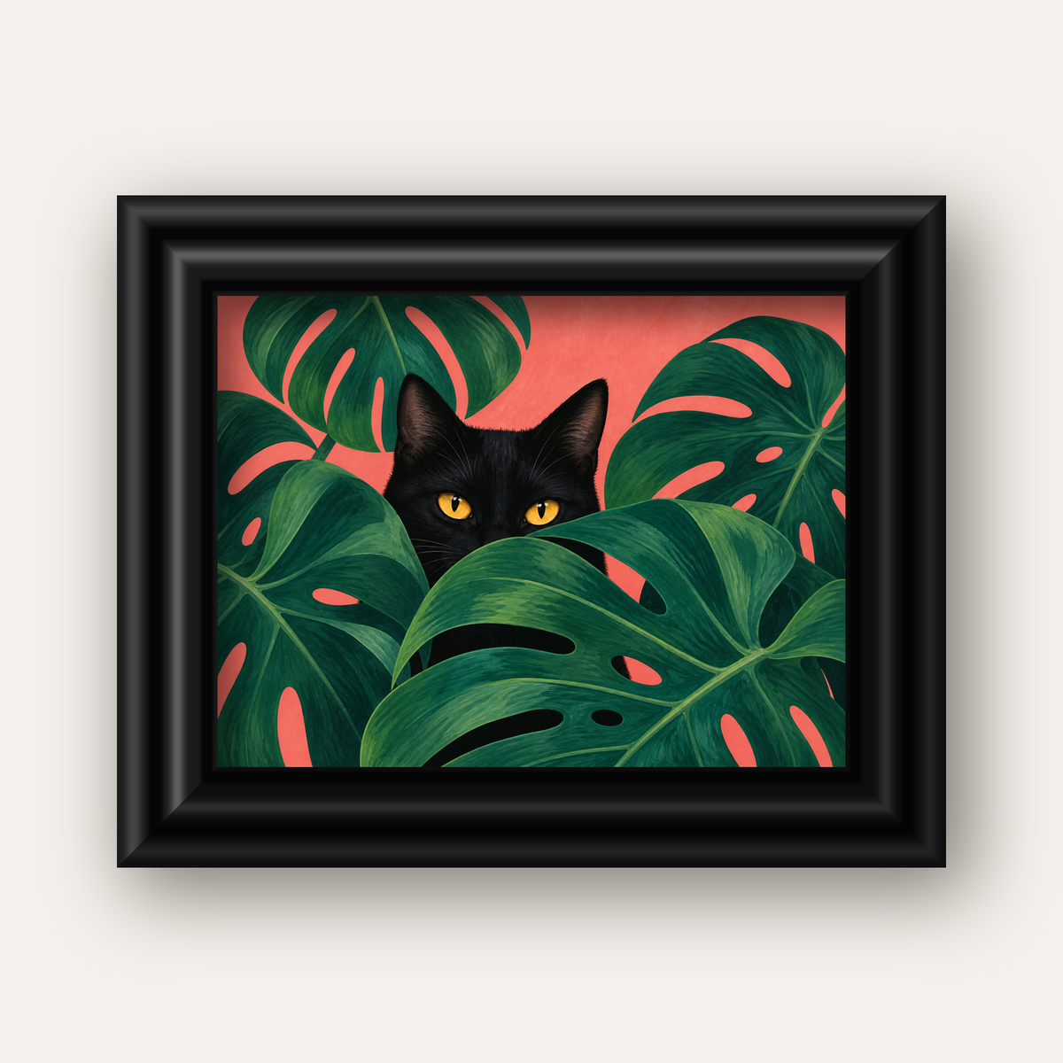Monstera ve Siyah Kedi Dijital Poster – Modern Duvar Dekoru — siyah galeri çerçeveli