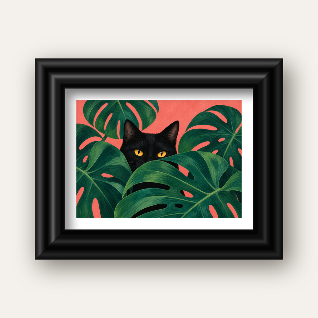 Monstera ve Siyah Kedi Dijital Poster – Modern Duvar Dekoru — siyah galeri çerçeveli paspartulu
