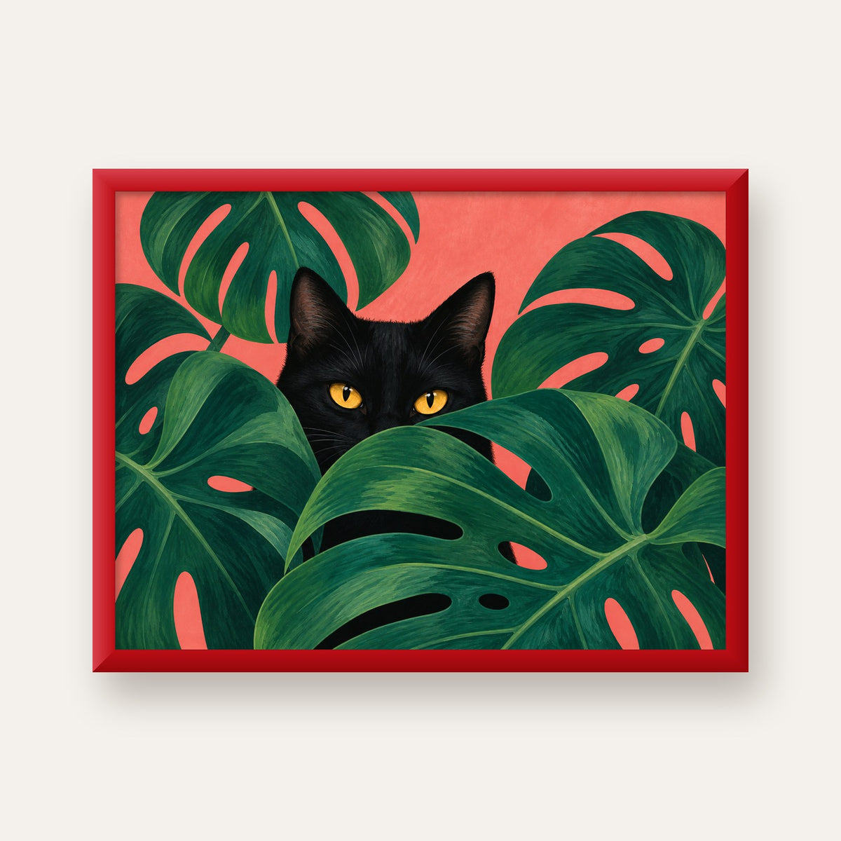 Monstera ve Siyah Kedi Dijital Poster – Modern Duvar Dekoru — kırmızı çerçeveli