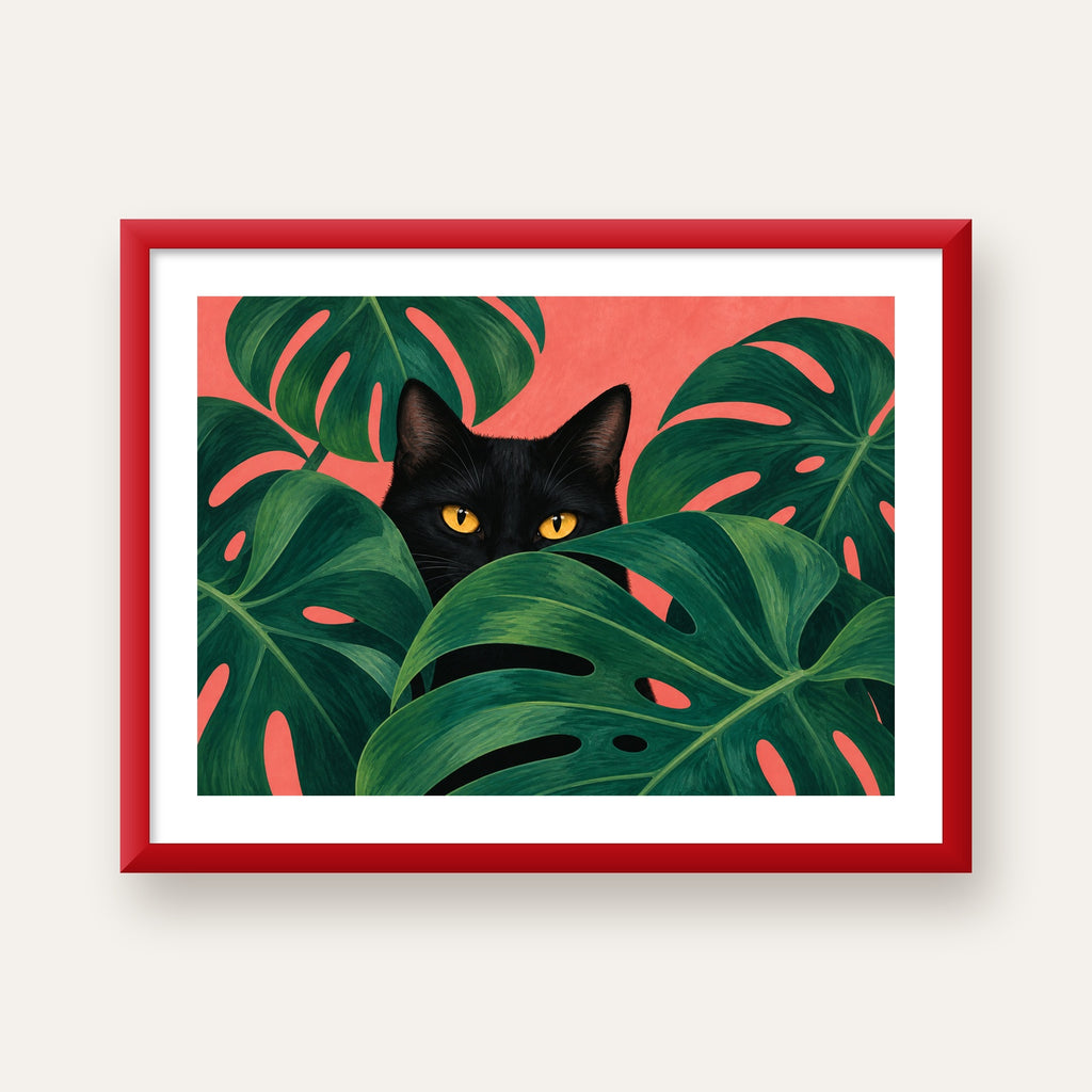 Monstera ve Siyah Kedi Dijital Poster – Modern Duvar Dekoru — kırmızı çerçeveli paspartulu
