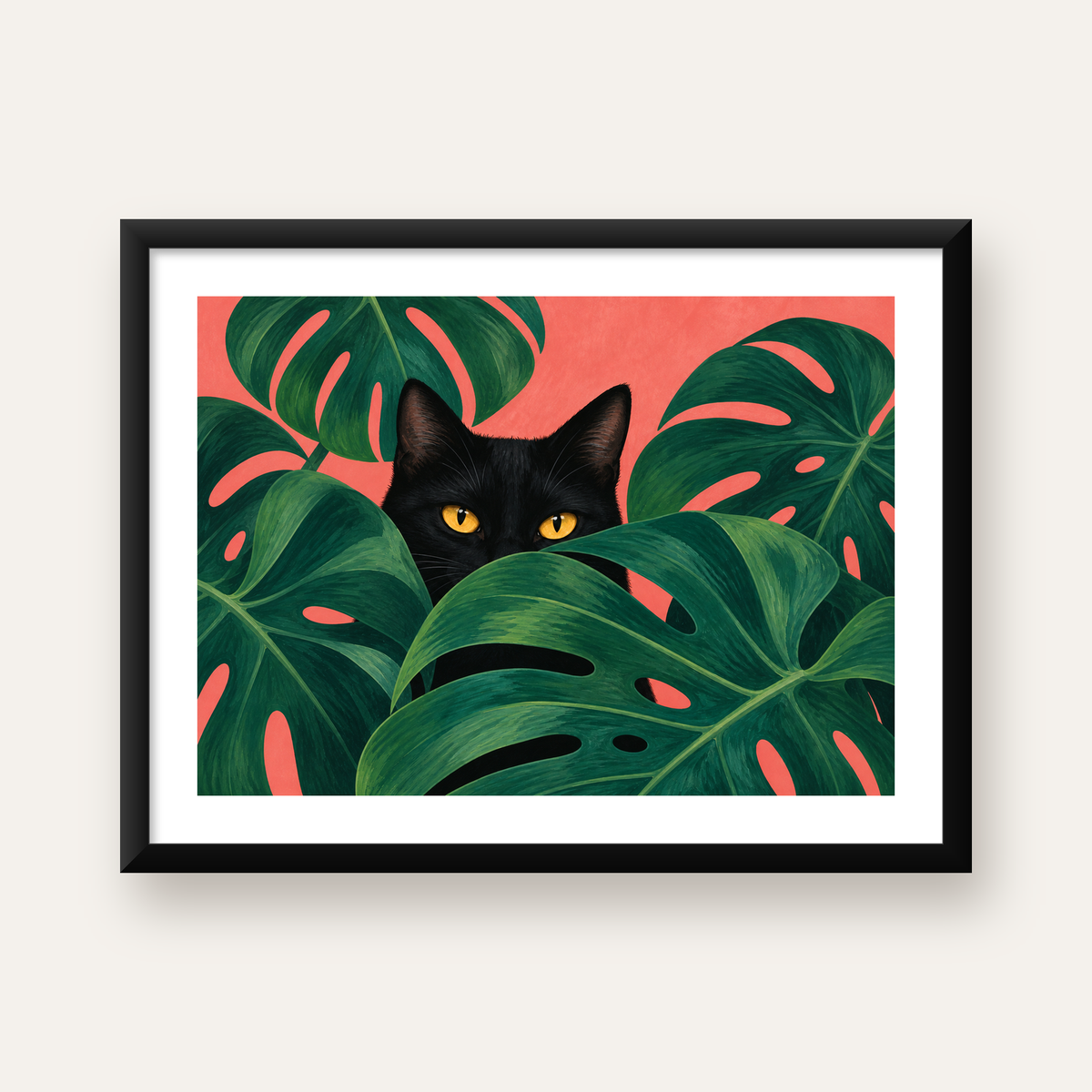 Monstera ve Siyah Kedi Dijital Poster – Modern Duvar Dekoru — Yatay baskı, beyaz paspartulu