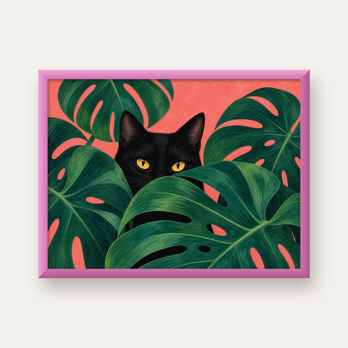 Monstera ve Siyah Kedi Dijital Poster – Modern Duvar Dekoru — pembe çerçeveli