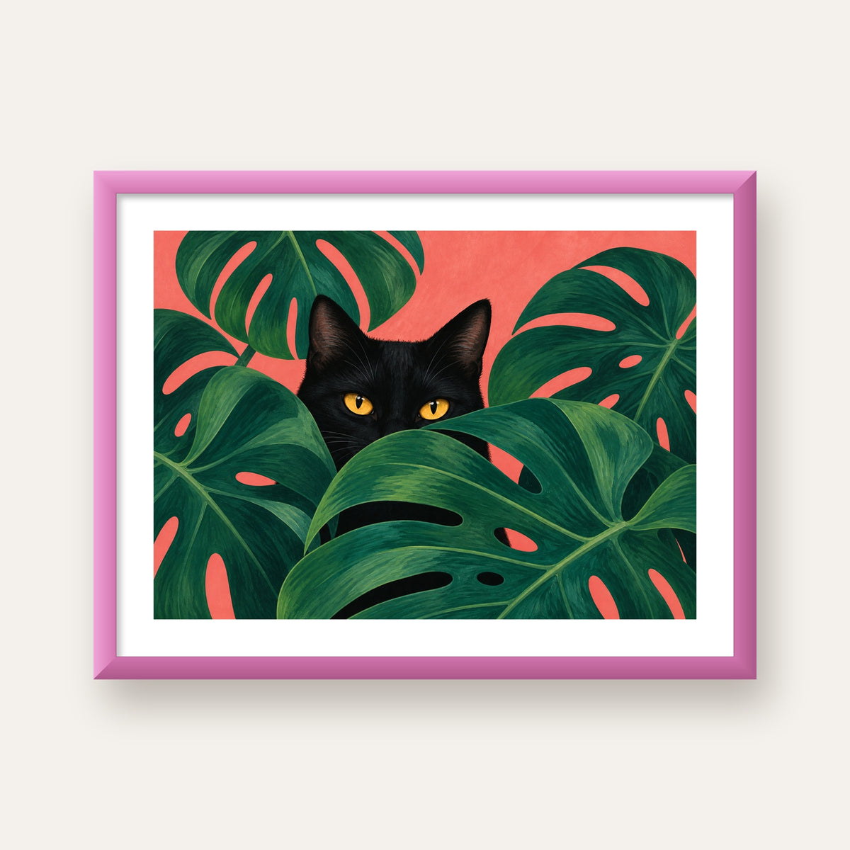 Monstera ve Siyah Kedi Dijital Poster – Modern Duvar Dekoru — pembe çerçeveli paspartulu