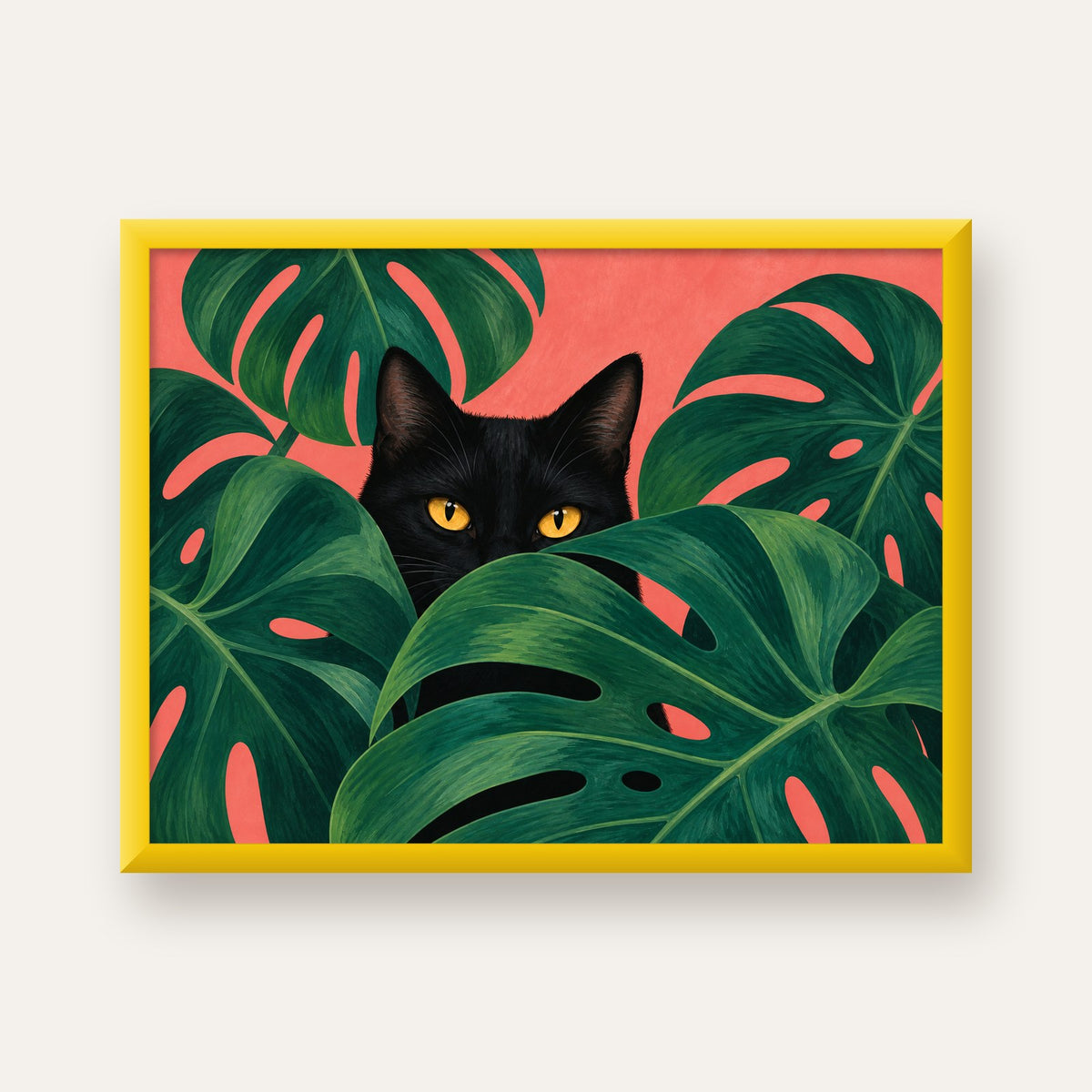 Monstera ve Siyah Kedi Dijital Poster – Modern Duvar Dekoru — sarı çerçeveli