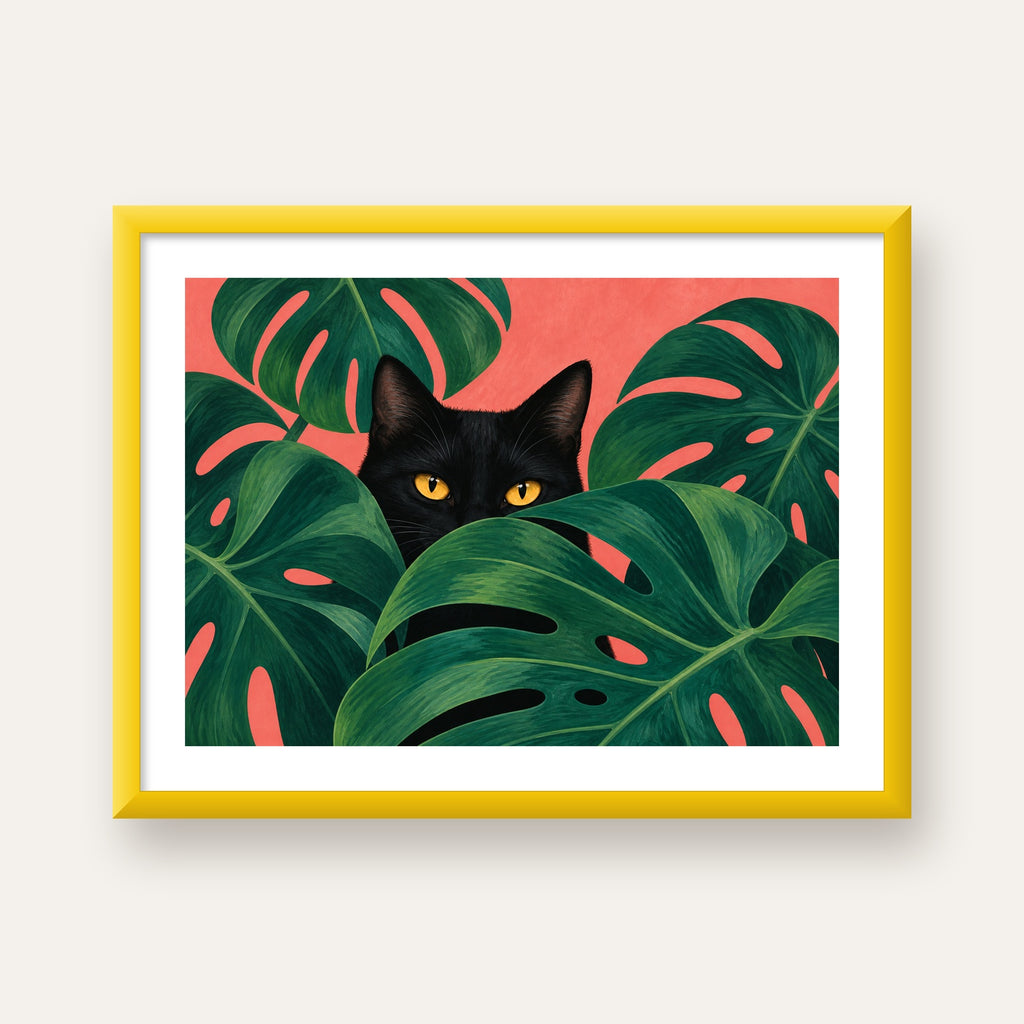 Monstera ve Siyah Kedi Dijital Poster – Modern Duvar Dekoru — sarı çerçeveli paspartulu