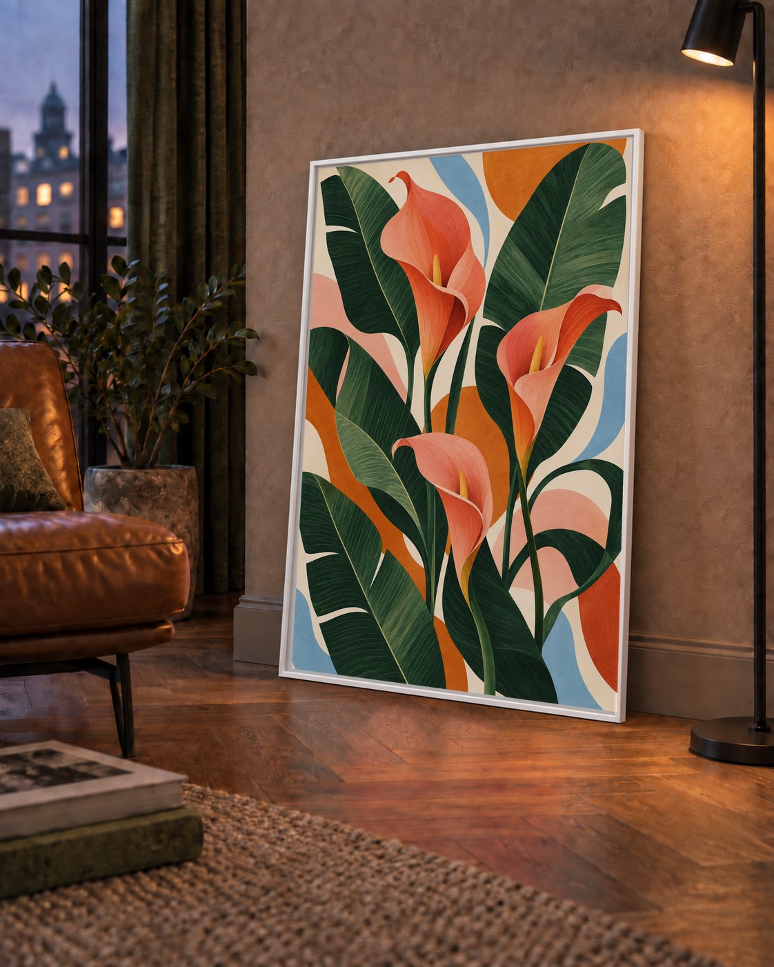 Mercan Kala Çiçekleri Modern Botanik Poster — çerçeveli hâliyle bir ev duvarında