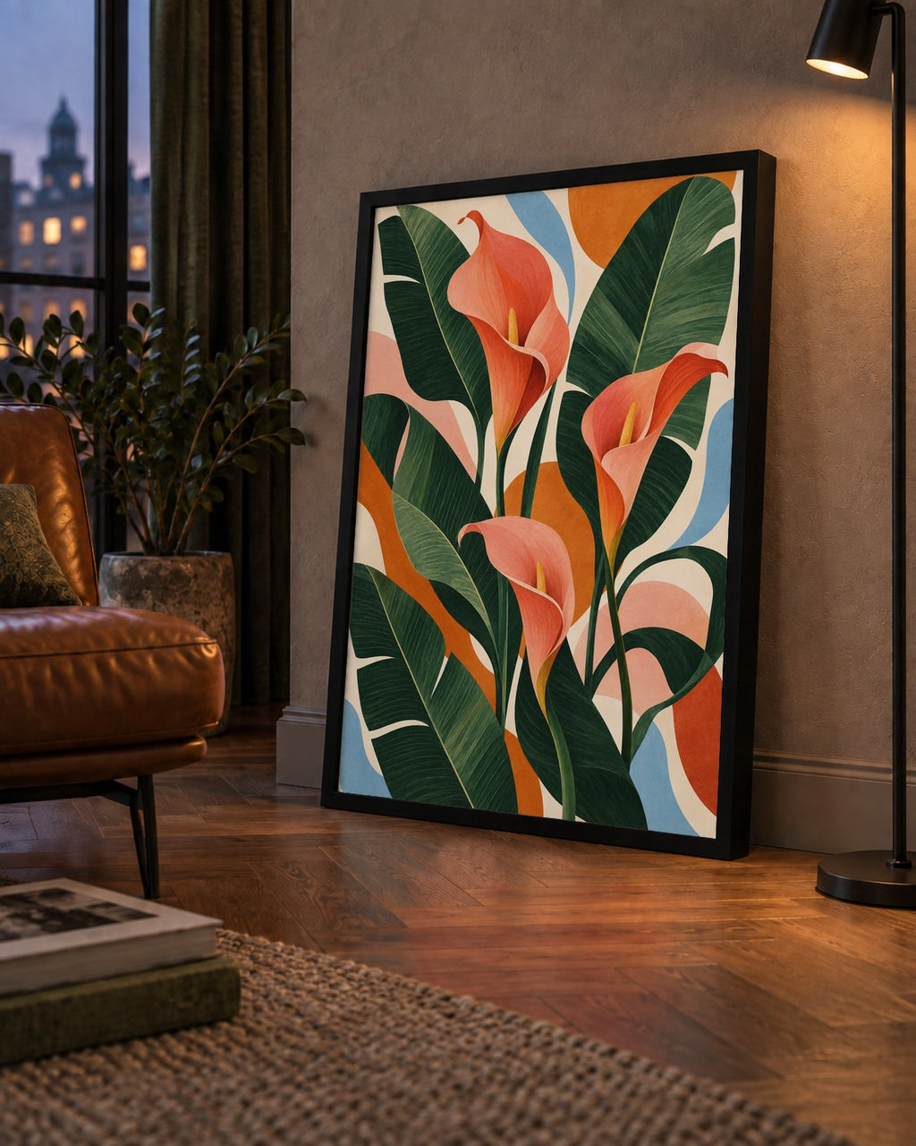 Mercan Kala Çiçekleri Modern Botanik Poster — çerçeveli hâliyle bir ev duvarında