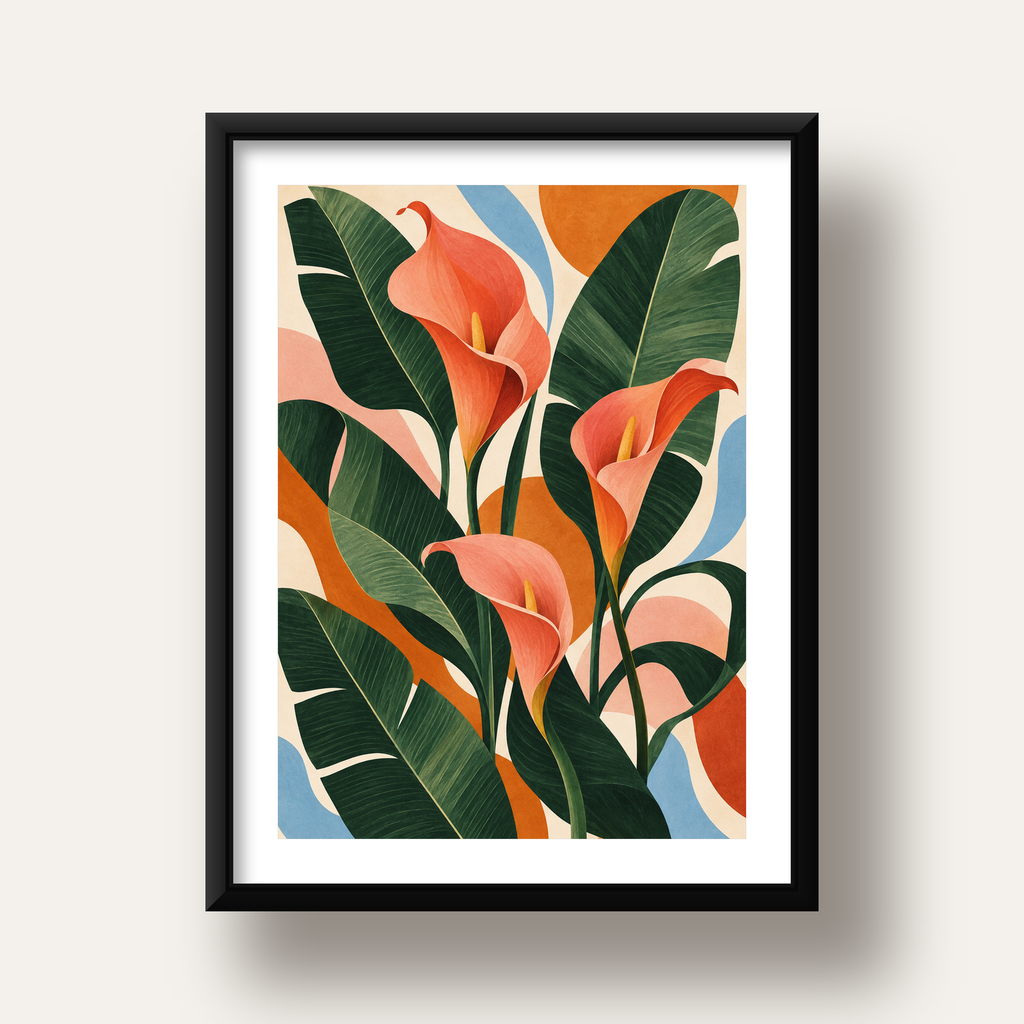 Mercan Kala Çiçekleri Modern Botanik Poster — siyah derin çerçeveli paspartulu