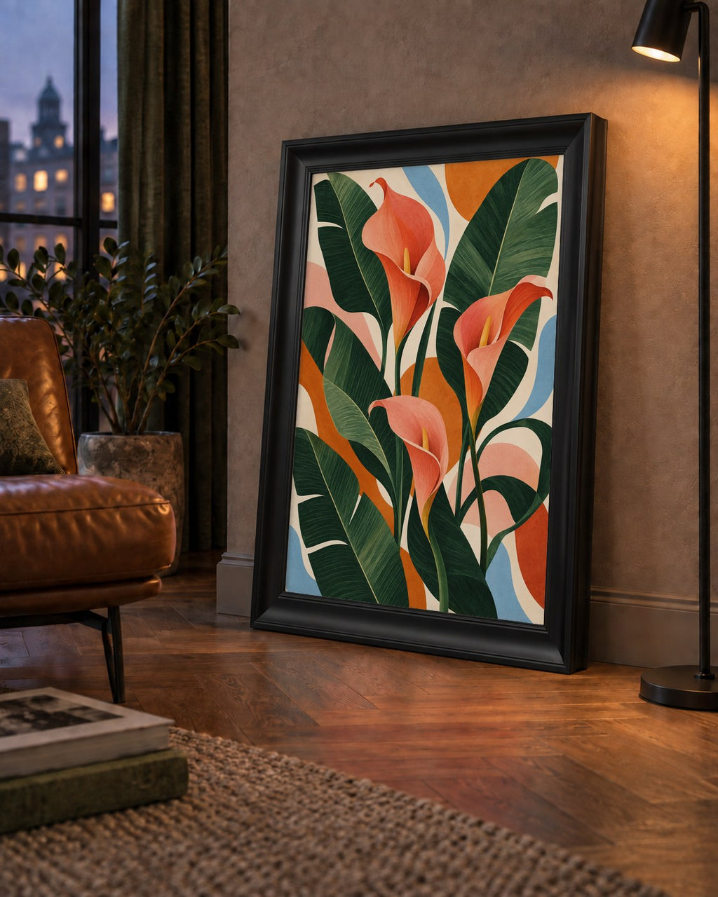 Mercan Kala Çiçekleri Modern Botanik Poster — çerçeveli hâliyle bir ev duvarında