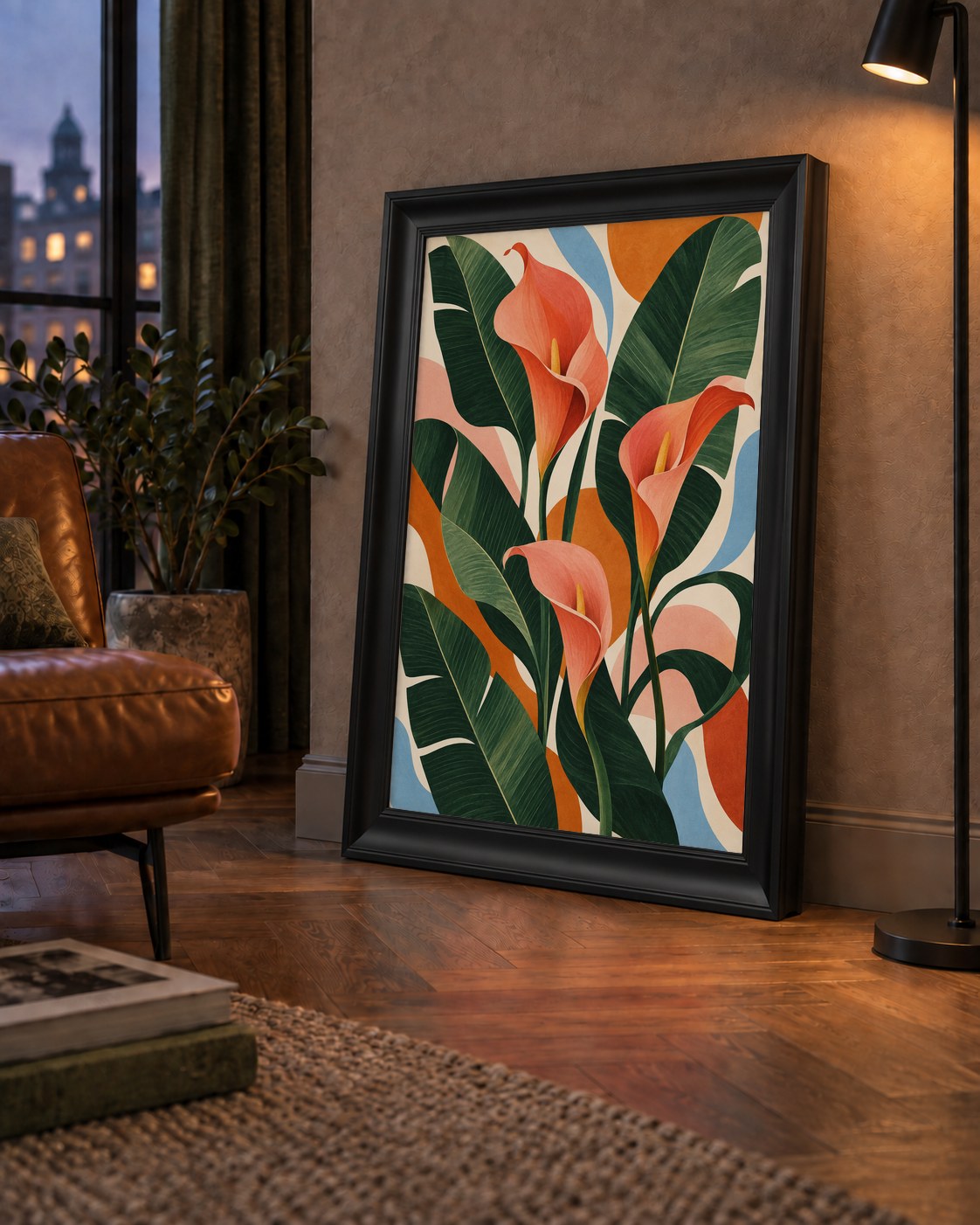 Mercan Kala Çiçekleri Modern Botanik Poster — çerçeveli hâliyle bir ev duvarında