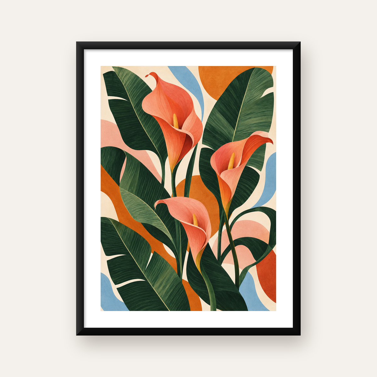 Turuncu Çiçekli Tropik Bitki Modern Sanat Poster — Dikey baskı, beyaz kenar boşluklu
