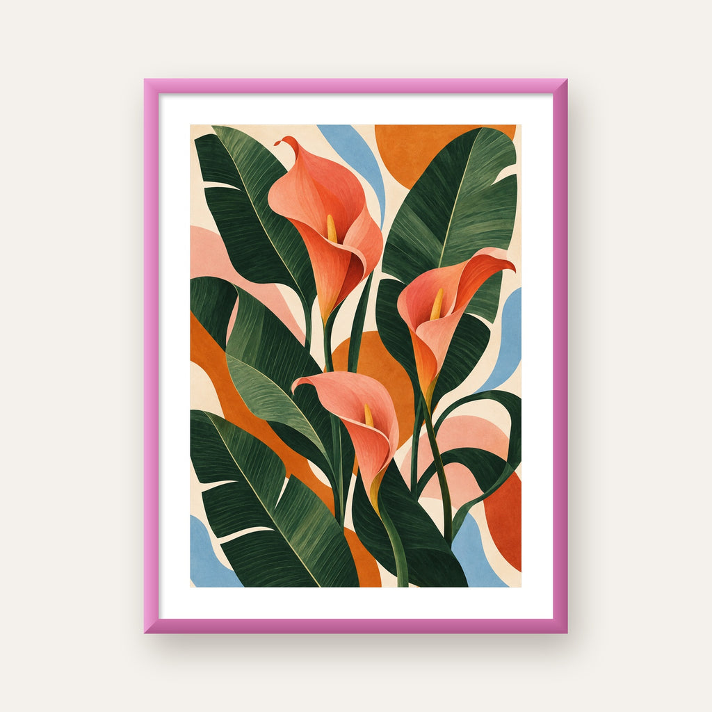 Mercan Kala Çiçekleri Modern Botanik Poster — pembe çerçeveli paspartulu