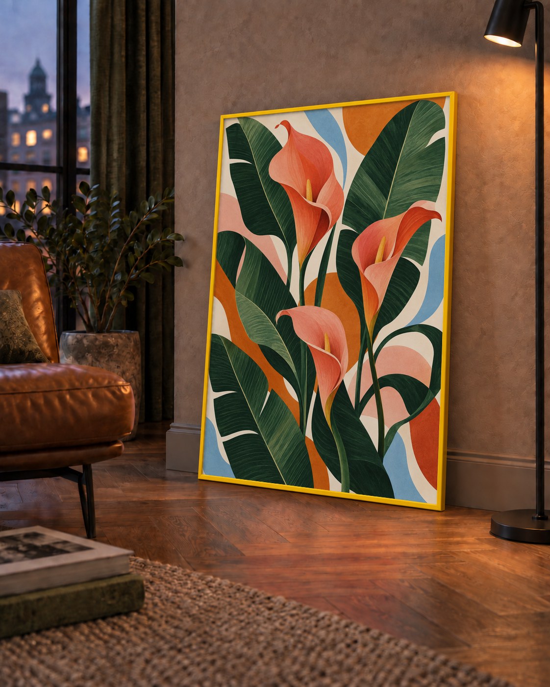 Mercan Kala Çiçekleri Modern Botanik Poster — çerçeveli hâliyle bir ev duvarında