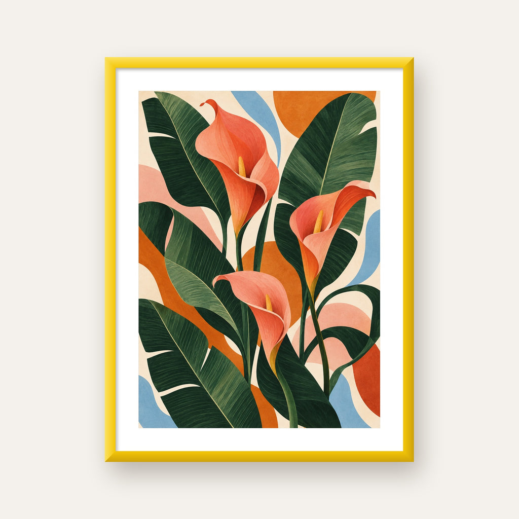 Mercan Kala Çiçekleri Modern Botanik Poster — sarı çerçeveli paspartulu