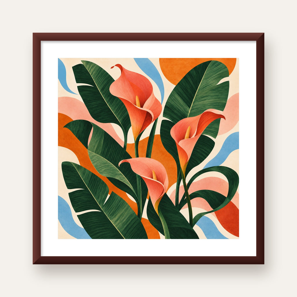 Mercan Kala Çiçekleri Modern Botanik Poster — ceviz çerçeveli paspartulu