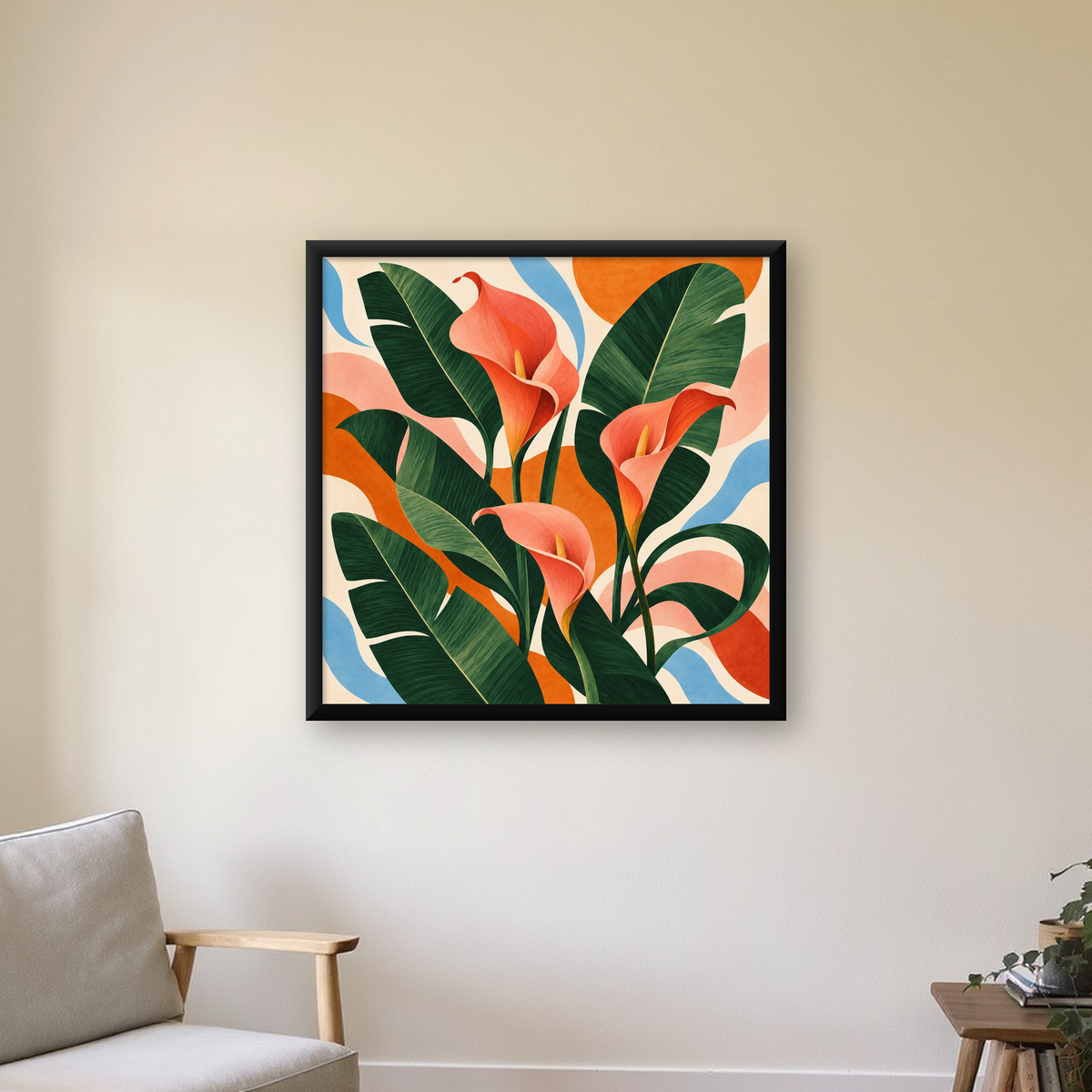 Turuncu Çiçekli Tropik Bitki Modern Sanat Poster — Kare baskı, çerçeveli hâliyle bir ev duvarında