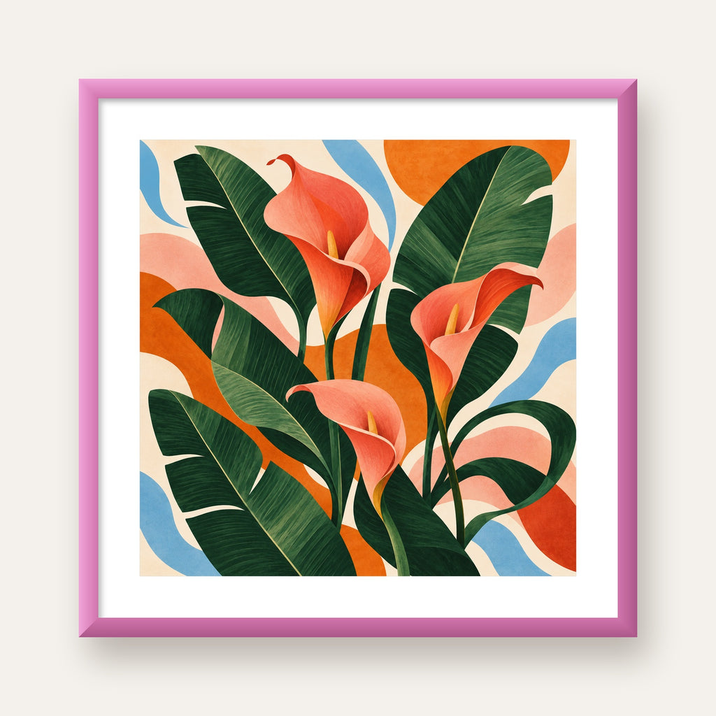 Mercan Kala Çiçekleri Modern Botanik Poster — pembe çerçeveli paspartulu