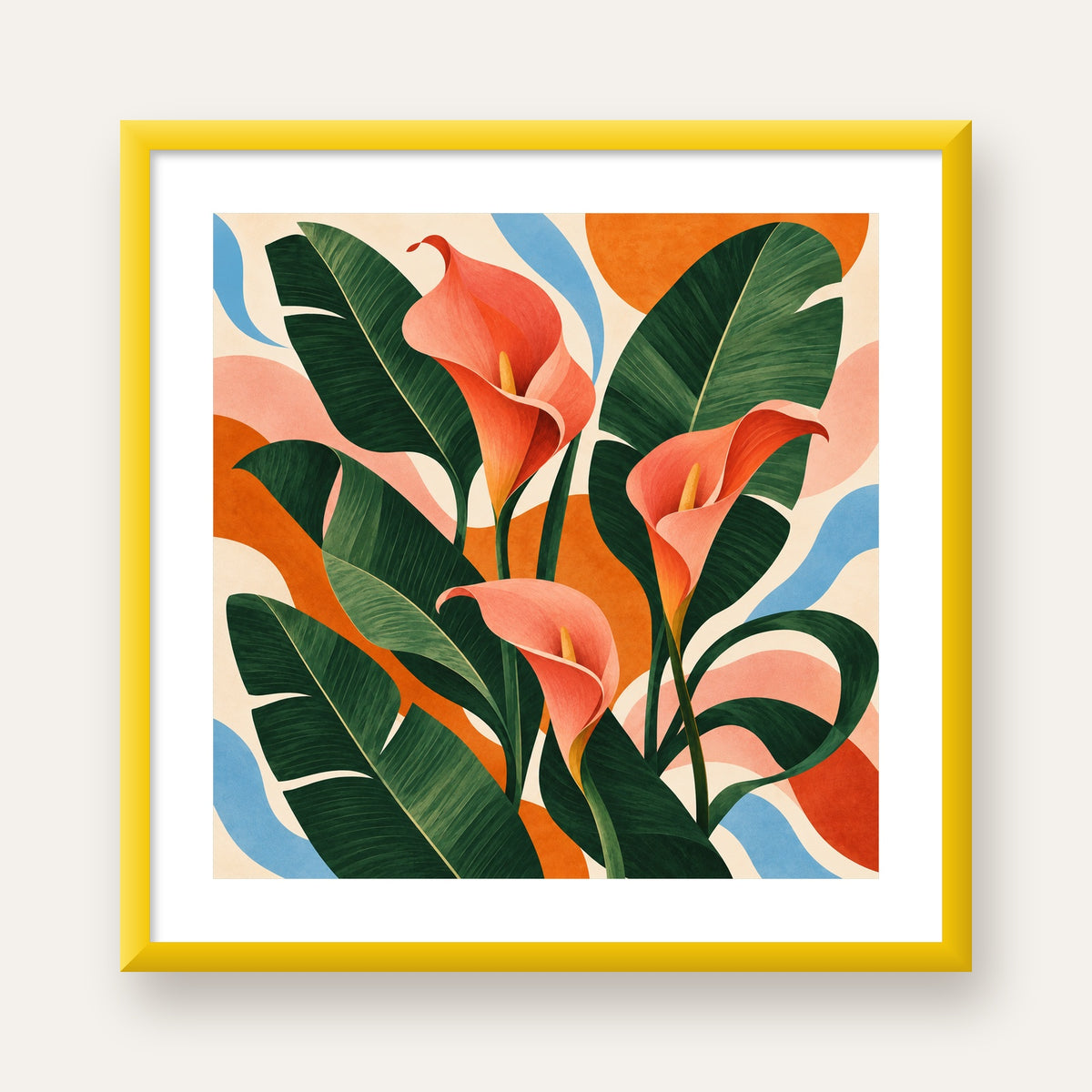 Mercan Kala Çiçekleri Modern Botanik Poster — sarı çerçeveli paspartulu