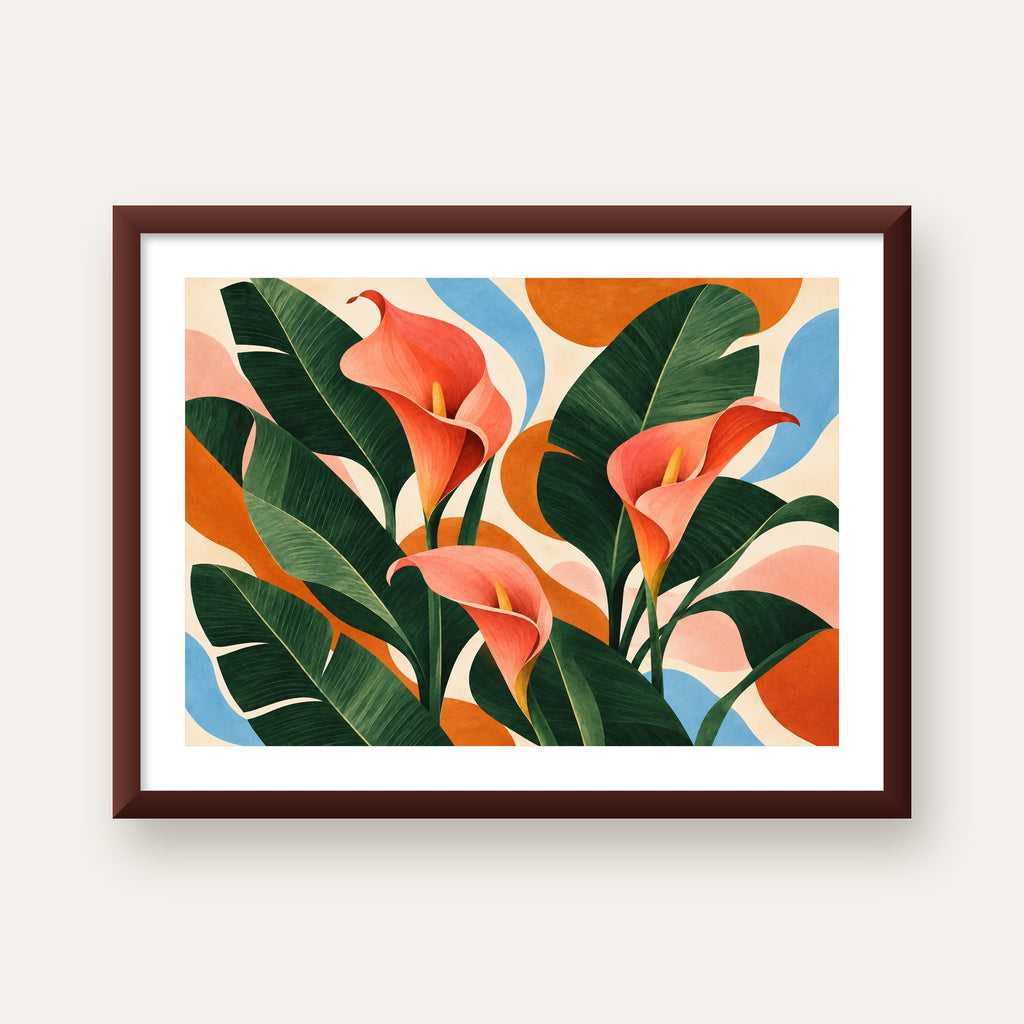 Mercan Kala Çiçekleri Modern Botanik Poster — ceviz çerçeveli paspartulu