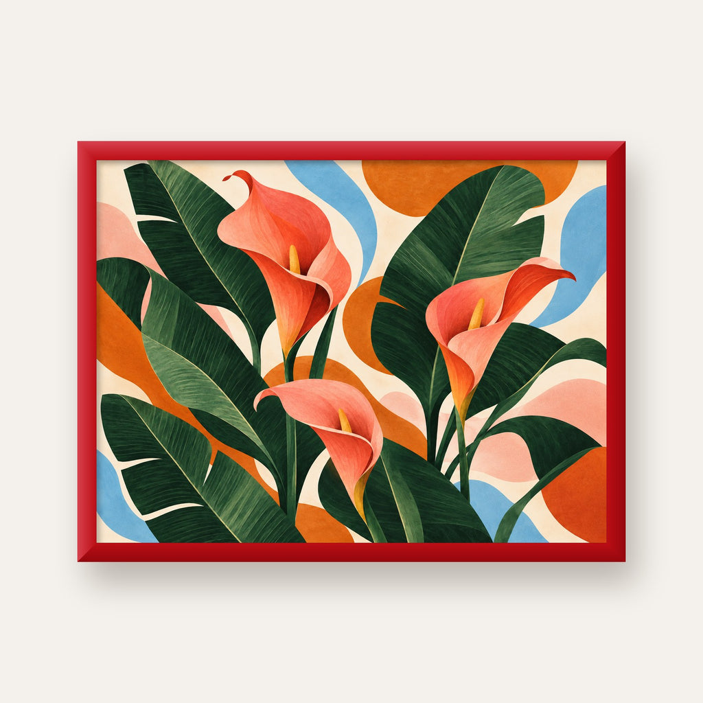 Mercan Kala Çiçekleri Modern Botanik Poster — kırmızı çerçeveli