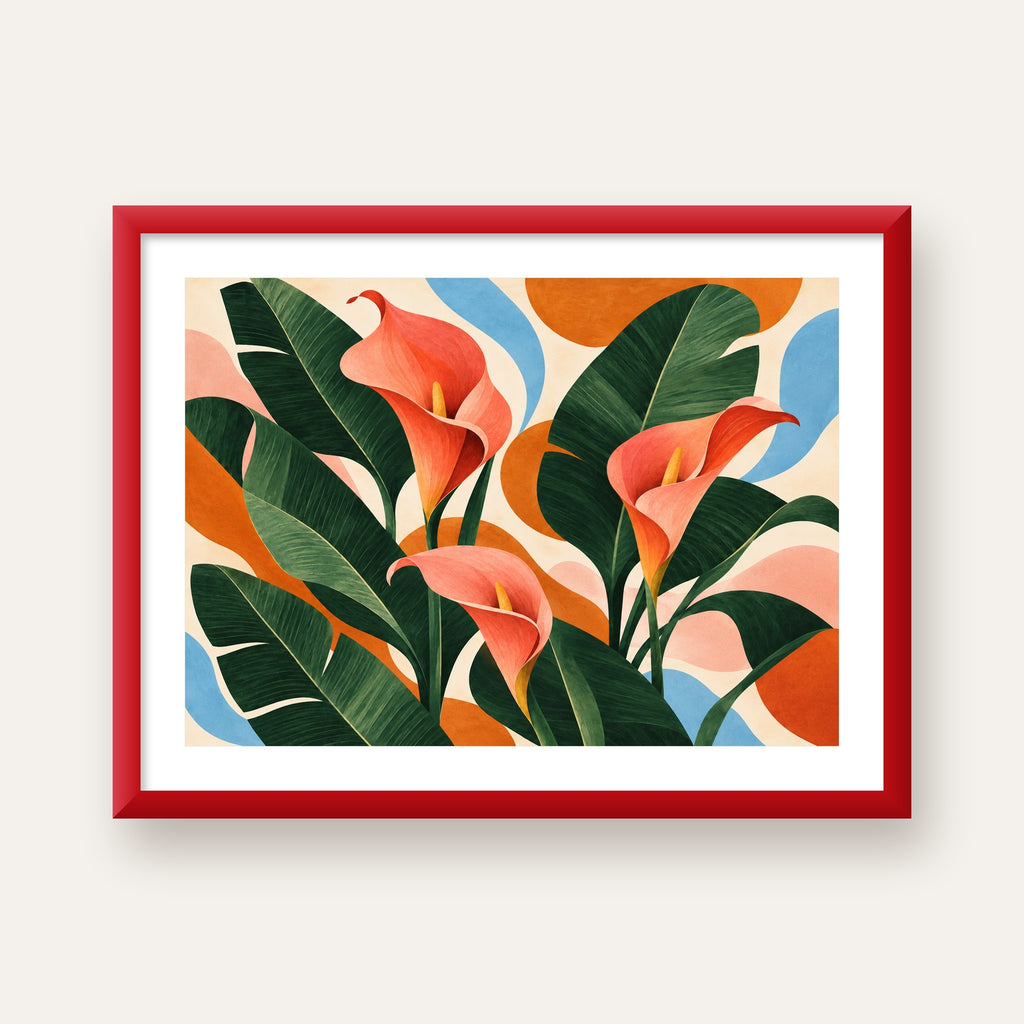 Mercan Kala Çiçekleri Modern Botanik Poster — kırmızı çerçeveli paspartulu