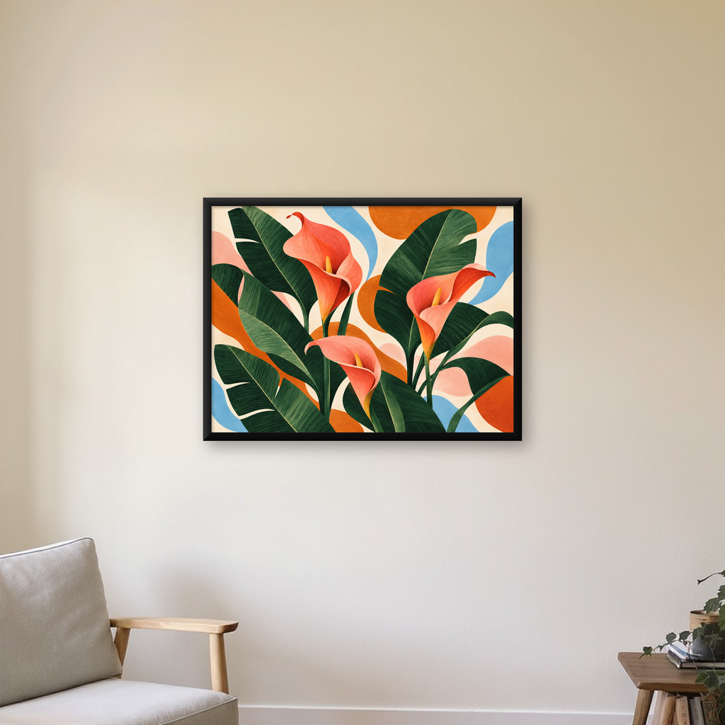 Turuncu Çiçekli Tropik Bitki Modern Sanat Poster — Yatay baskı, çerçeveli hâliyle bir ev duvarında