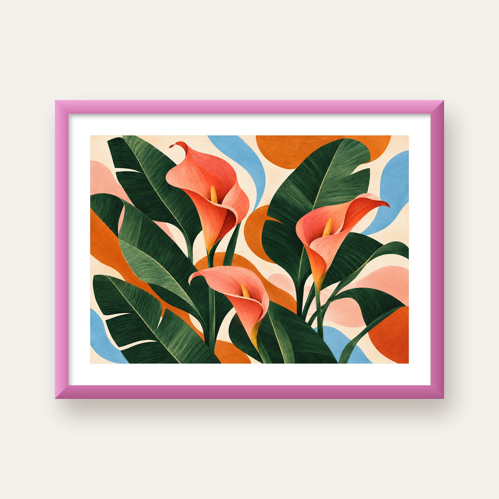 Mercan Kala Çiçekleri Modern Botanik Poster — pembe çerçeveli paspartulu