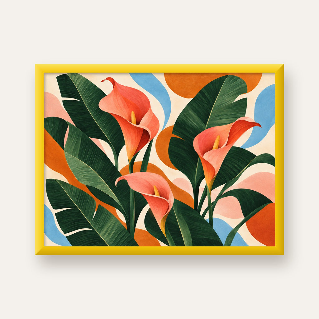 Mercan Kala Çiçekleri Modern Botanik Poster — sarı çerçeveli
