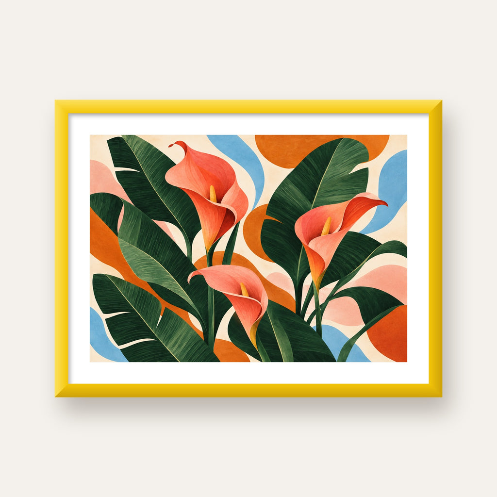 Mercan Kala Çiçekleri Modern Botanik Poster — sarı çerçeveli paspartulu
