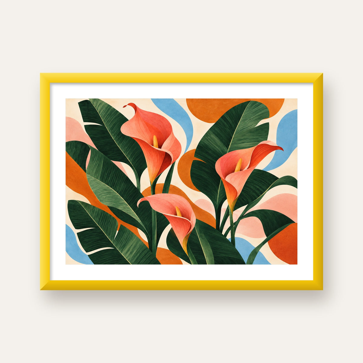 Mercan Kala Çiçekleri Modern Botanik Poster — sarı çerçeveli paspartulu