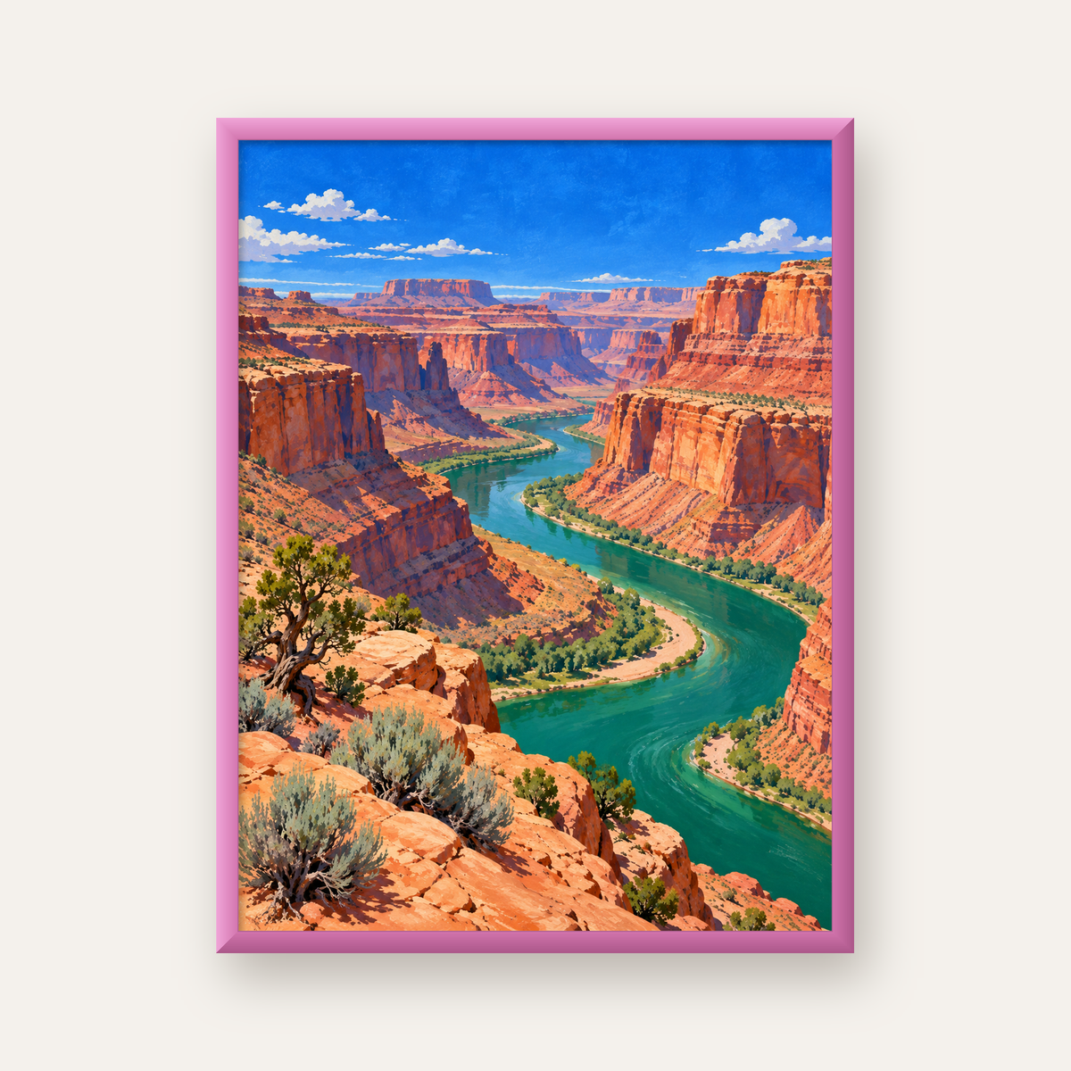 Panoramik Kanyon ve Nehir Manzaralı Canlı Renkli Poster — pembe çerçeveli