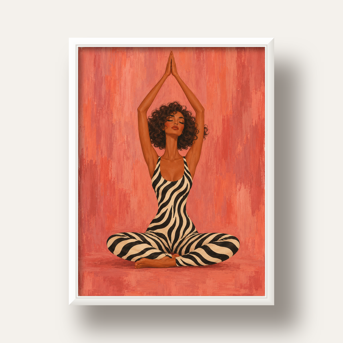 Mercan Zebra Desenli Yoga Yapan Kadın Poster — beyaz derin çerçeveli