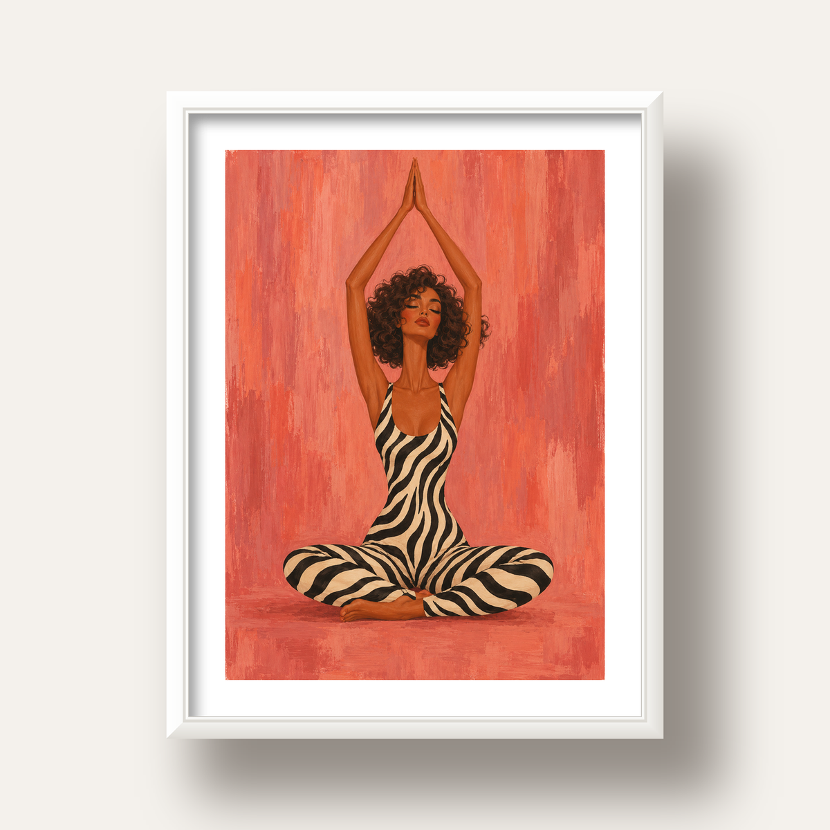Mercan Zebra Desenli Yoga Yapan Kadın Poster — beyaz derin çerçeveli paspartulu