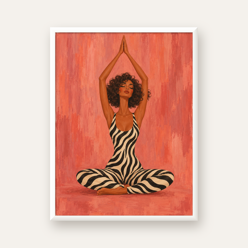 Mercan Zebra Desenli Yoga Yapan Kadın Poster — beyaz çerçeveli dikey poster