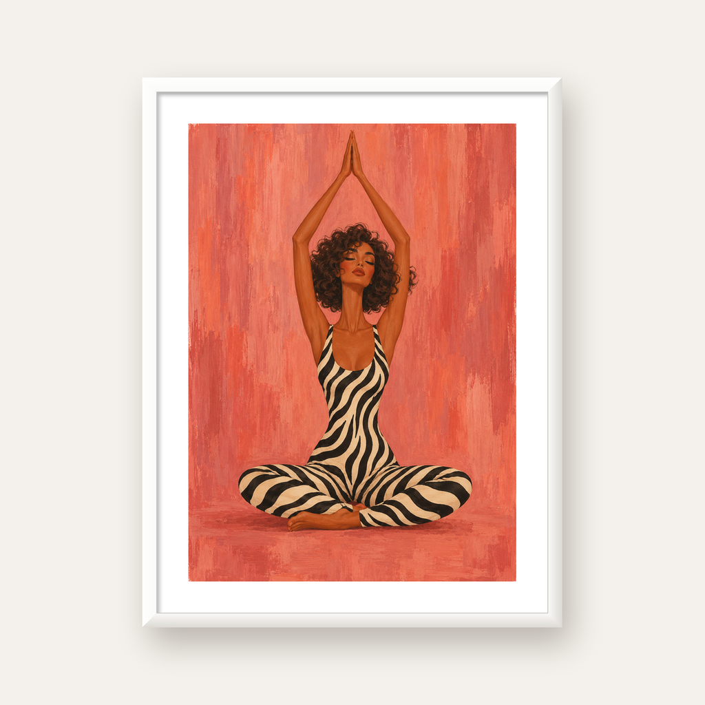 Mercan Zebra Desenli Yoga Yapan Kadın Poster — beyaz çerçeveli dikey poster