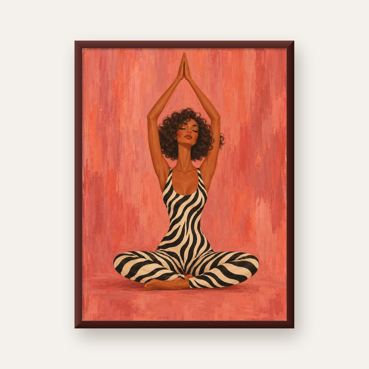 Mercan Zebra Desenli Yoga Yapan Kadın Poster — ceviz çerçeveli