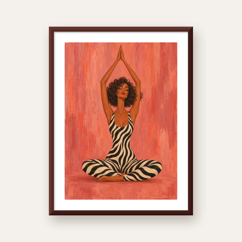 Mercan Zebra Desenli Yoga Yapan Kadın Poster — ceviz çerçeveli paspartulu