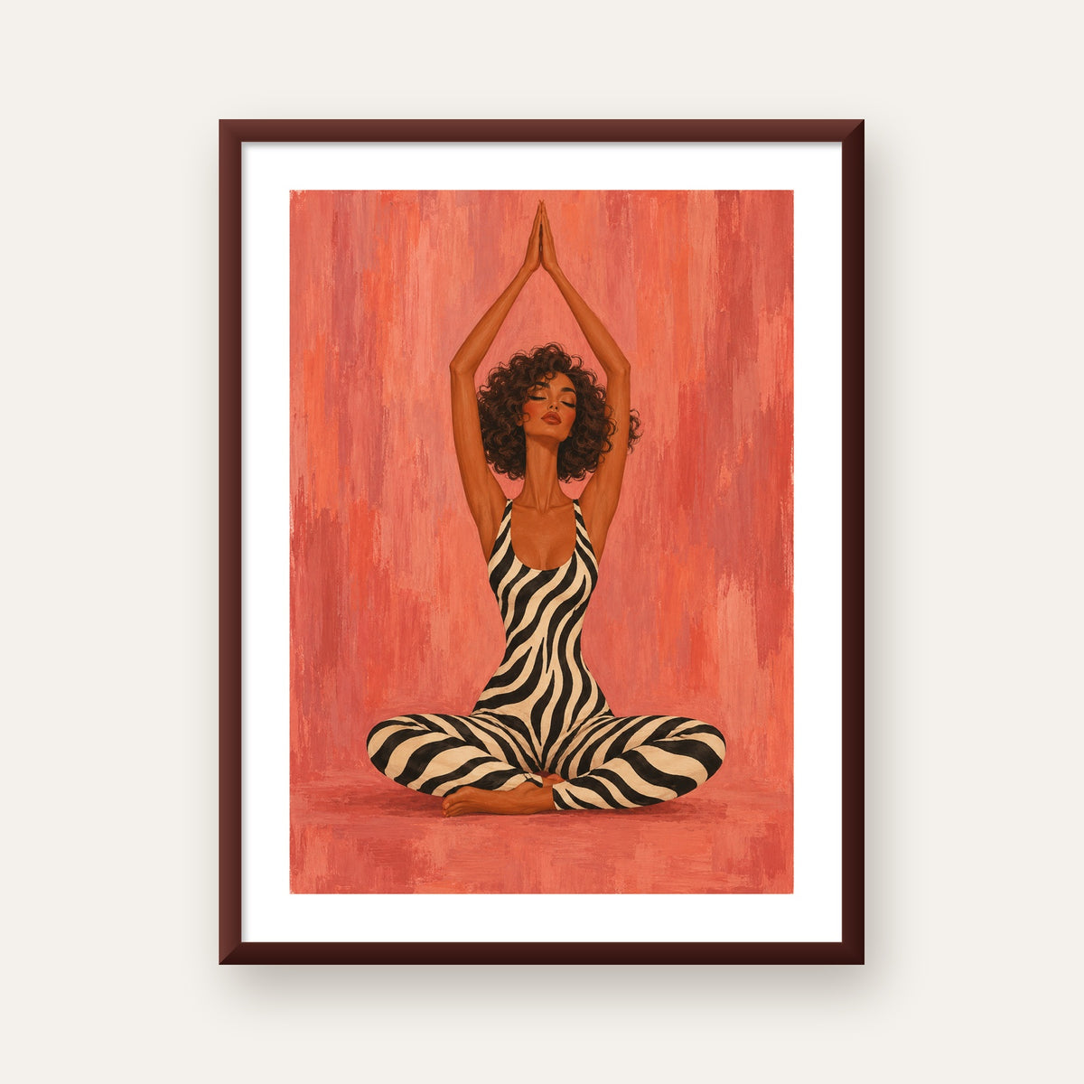 Mercan Zebra Desenli Yoga Yapan Kadın Poster — ceviz çerçeveli paspartulu