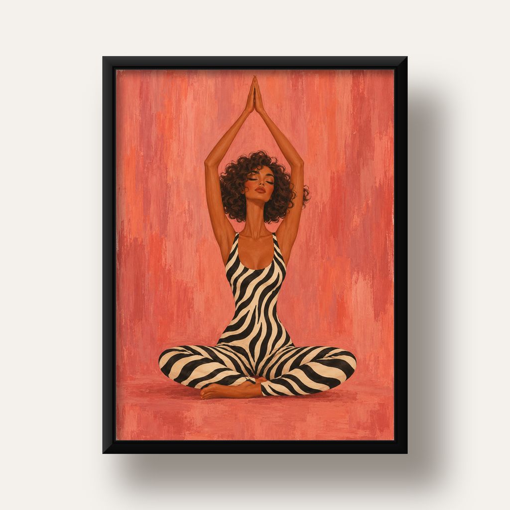 Mercan Zebra Desenli Yoga Yapan Kadın Poster — siyah derin çerçeveli