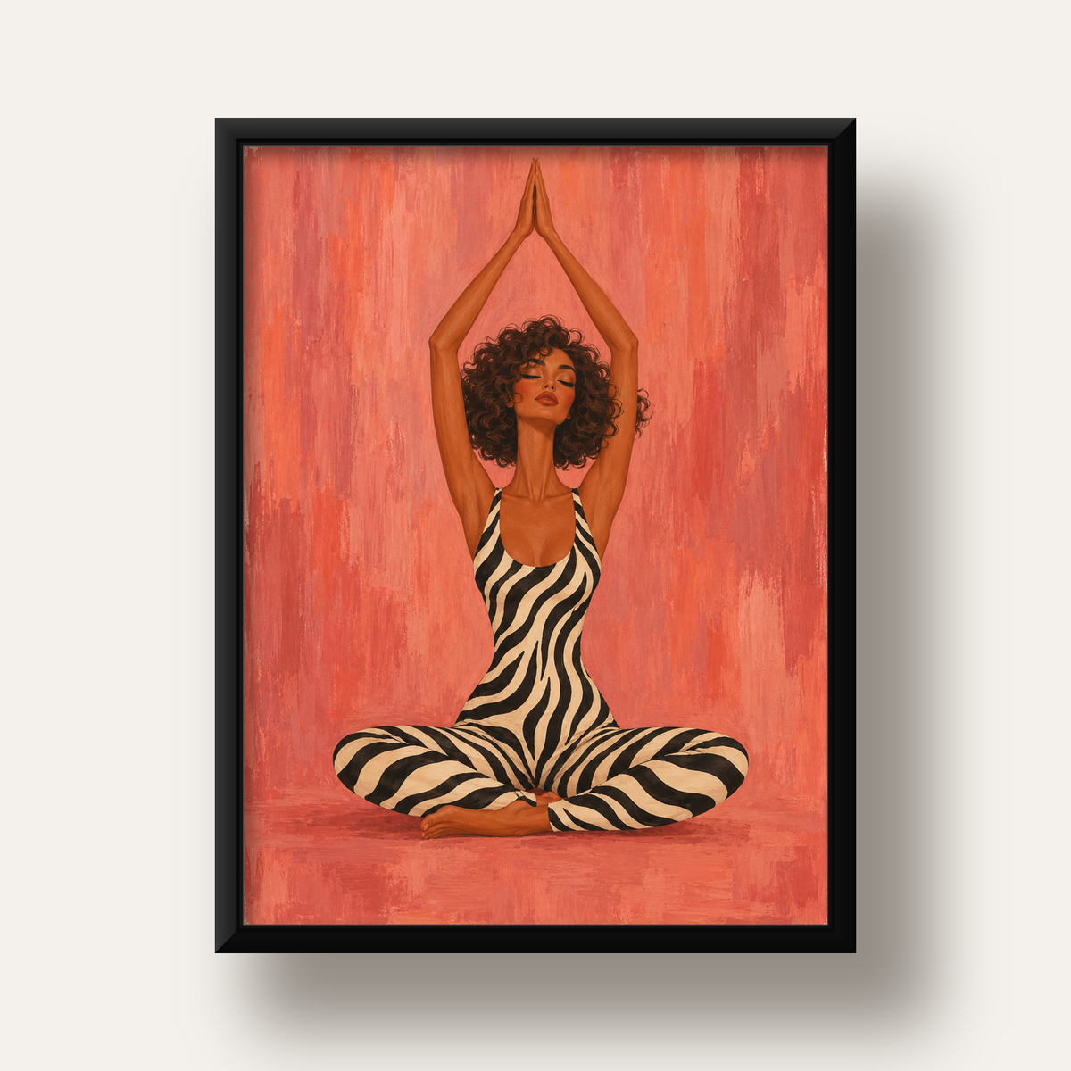 Mercan Zebra Desenli Yoga Yapan Kadın Poster — siyah derin çerçeveli